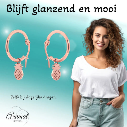 Oorringen – 16mm Creolen met Ananas Bedel RVS Rosékleur Dames