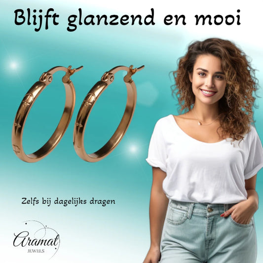 Oorringen – 25mm Creool Anker & Ster Motief RVS Roségoudkleur Dames
