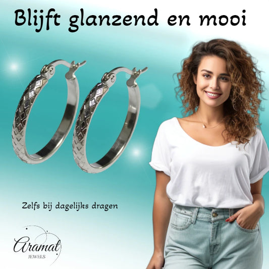 Oorringen – 25mm Creool Ruitjes Patroon RVS Zilverkleur Dames