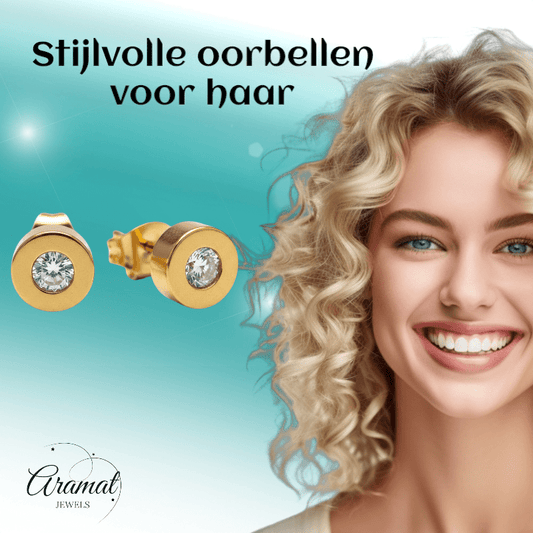 Goudkleurige Ronde Oorbellen met Zirkonia - Aramat Jewels - Oorbellen - cadeautip