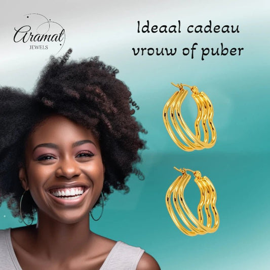 Goudkleurige Triple Hart Oorringen 25mm - oor6302 - 827752 - Oorringen kopen# - 25mm - alles - cadeau