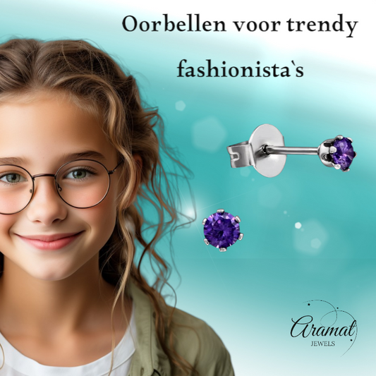 Zirkonia Oorbellen Paars – 3mm RVS