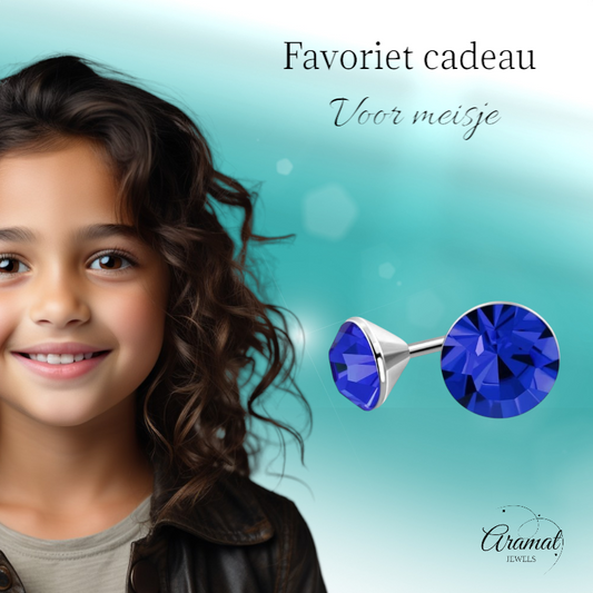 Stalen Kristal Oorbellen met koningsblauw steentje – Zilverkleur – 3mm