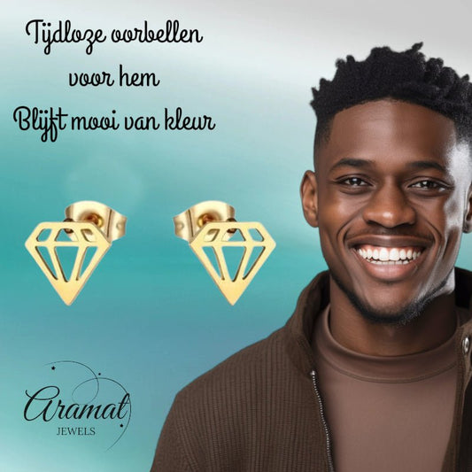 Oorbellen – Staal Diamant Vorm Kristal Goudkleurig (9mm) - Aramat Jewels - Oorbellen - cadeautip
