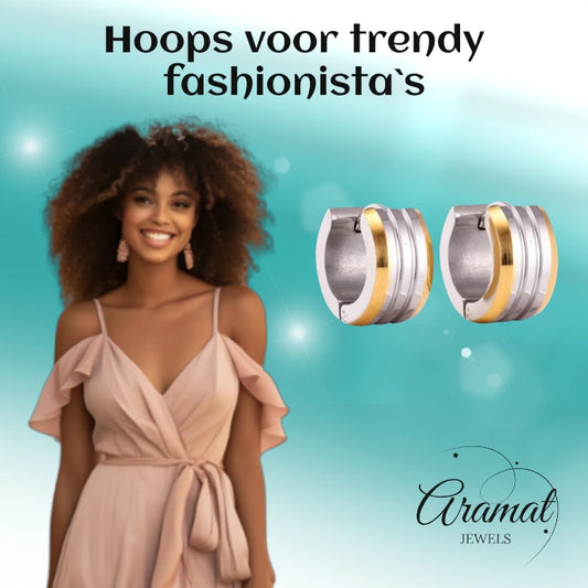 mini Oorringen – Staal Bicolor Strepen Mat (13mm)