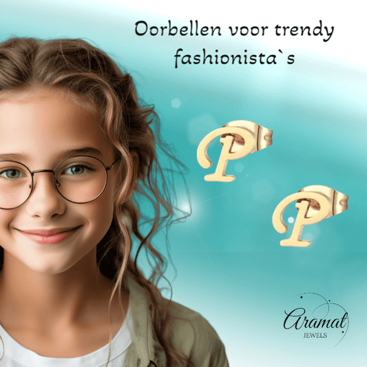 RVS Oorbellen Letter P – Goudkleurig – 10 mm - Aramat Jewels - Oorbellen - cadeautip