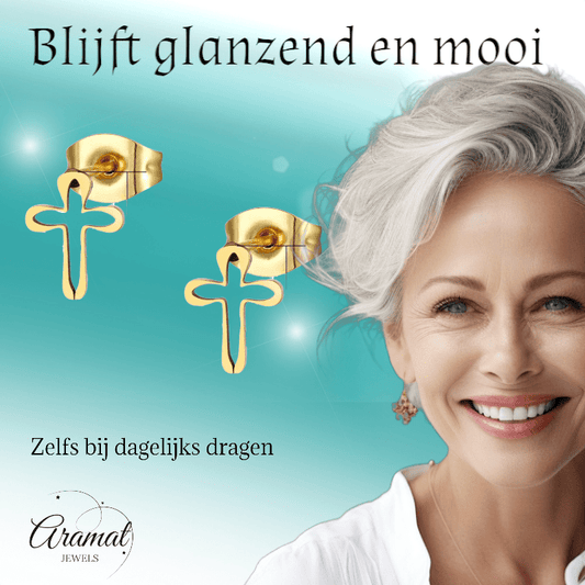Stalen Oorbellen met open kruisje – Goudkleur – 10x8mm - Aramat Jewels - Oorbellen - cadeautip