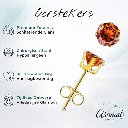 Goudkleurige Stalen Oorstekers Geboortesteen Juli – Roodoranje Zirkonia 3, 4 of 5 mm
