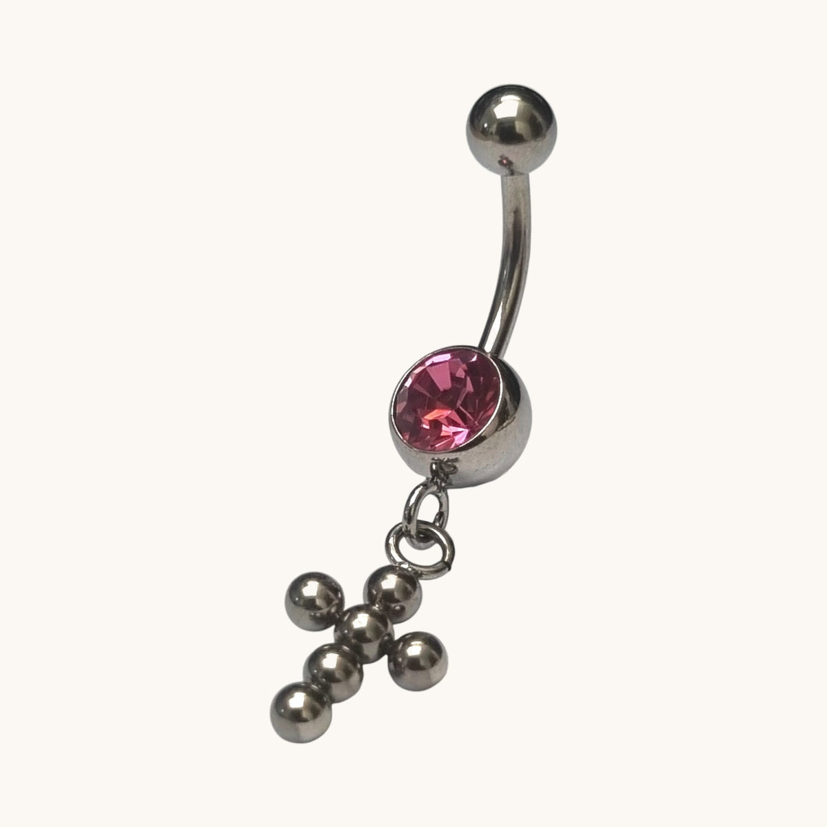 Piercing nombril en acier et zircon rose avec croix