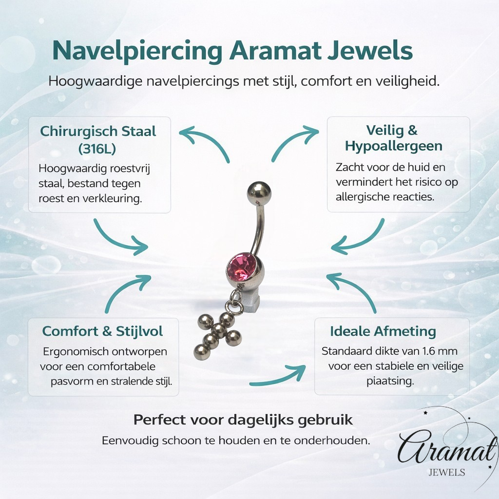 Piercing nombril en acier et zircon rose avec croix