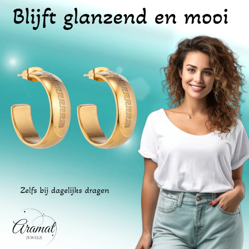 Oorbellen – 22mm Half-Hoop Grieks Motief RVS Goudkleur Dame