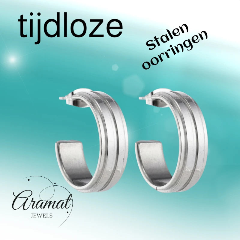 Oorbellen – 23mm Half-Hoop 2 Strepen RVS Zilverkleur Dames