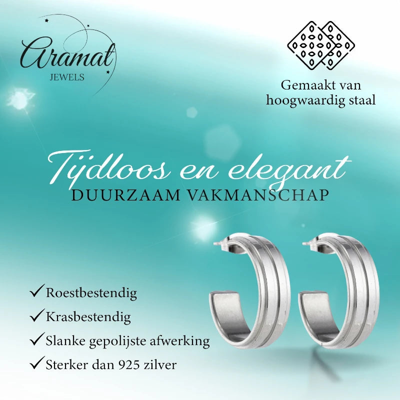 Oorbellen – 23mm Half-Hoop 2 Strepen RVS Zilverkleur Dames