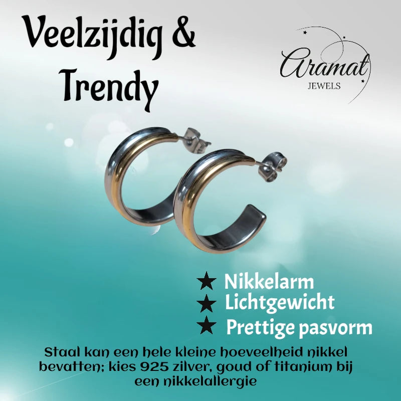 Oorbellen – 23mm Half-Hoop Bicolor RVS Goud/Zilverkleur Dames