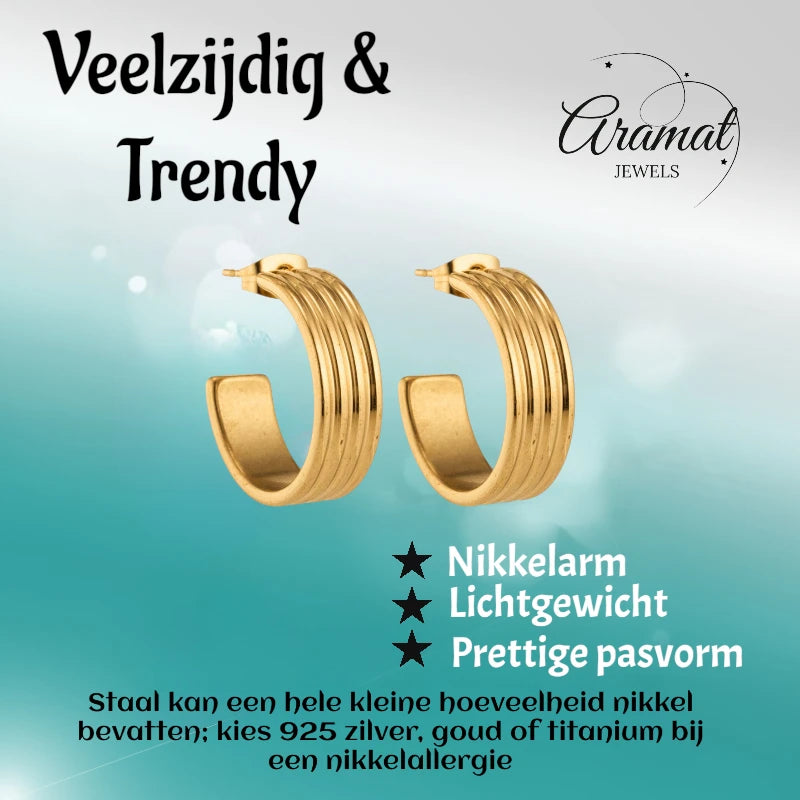 Oorbellen – 23mm Half-Hoop Streeprelief RVS Goudkleur Dames