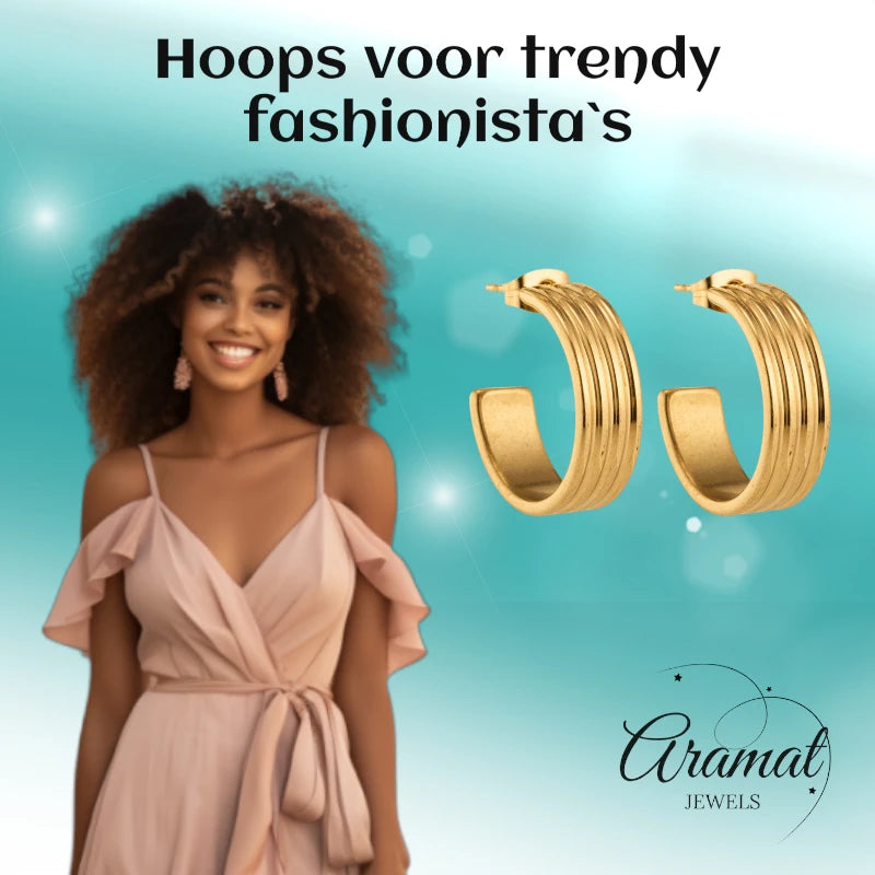 Oorbellen – 23mm Half-Hoop Streeprelief RVS Goudkleur Dames