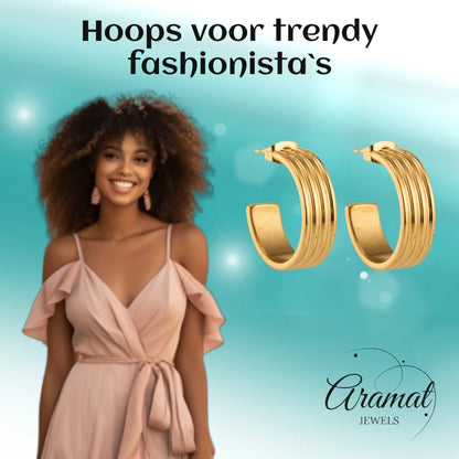 Oorbellen – 23mm Half-Hoop Streeprelief RVS Goudkleur Dames