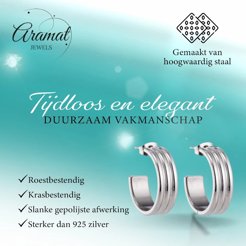 Oorbellen – 23mm Half-Hoop Streeprelief op RVS Zilverkleur