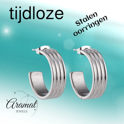 Oorbellen – 23mm Hoepel Creool 4 Lijnen RVS Zilverkleur Unisex