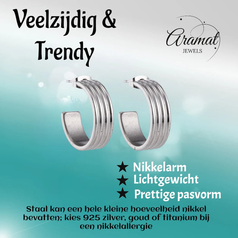 Oorbellen – 23mm Hoepel Creool 4 Lijnen RVS Zilverkleur Unisex