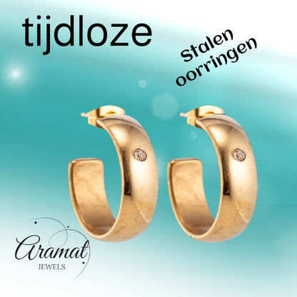 Oorbellen – 23mm Hoepel Creool Zirkonia Accent RVS Goudkleur Unisex