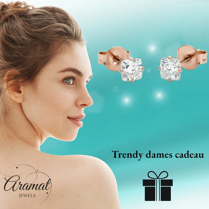 Oorbellen – RVS Roségoudkleur met Vierkante Zirkonia (4mm)