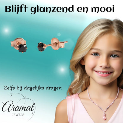 Oorbellen – RVS Roségoudkleur met Zwarte Vierkante Zirkonia (3mm)