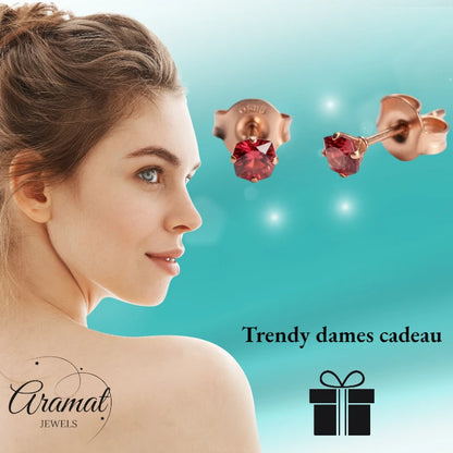 Oorbellen – RVS Roségoudkleur met Rode Vierkante Zirkonia (3mm)