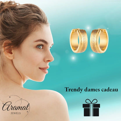 Oorringen – 13mm Mini Creool Grieks Motief RVS Goudkleur Unisex