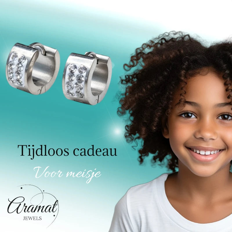 Oorringen – 13mm Mini Huggie 2 Rijen Kristal RVS Zilverkleur Dames-Kind