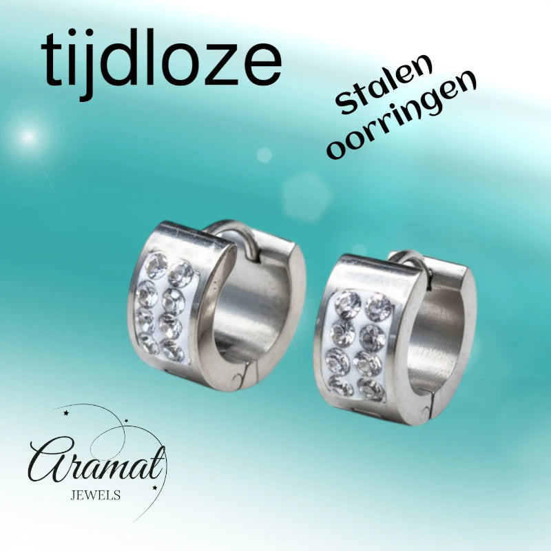 Oorringen – 13mm Mini Huggie 2 Rijen Kristal RVS Zilverkleur Dames-Kind