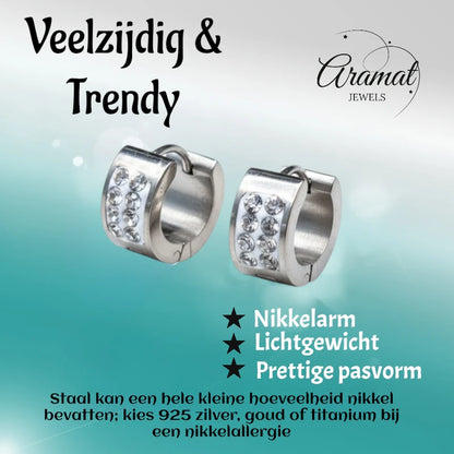 Oorringen – 13mm Mini Huggie 2 Rijen Kristal RVS Zilverkleur Dames-Kind