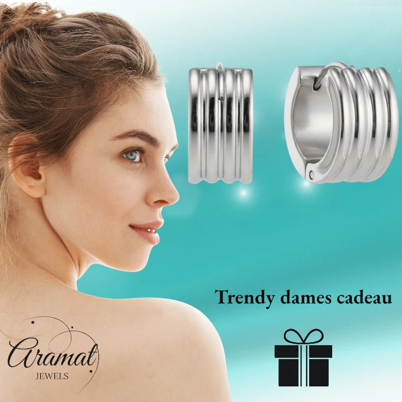 Oorringen – 13mm Mini Huggie Creolen Streep RVS Zilverkleur Unisex/Kind