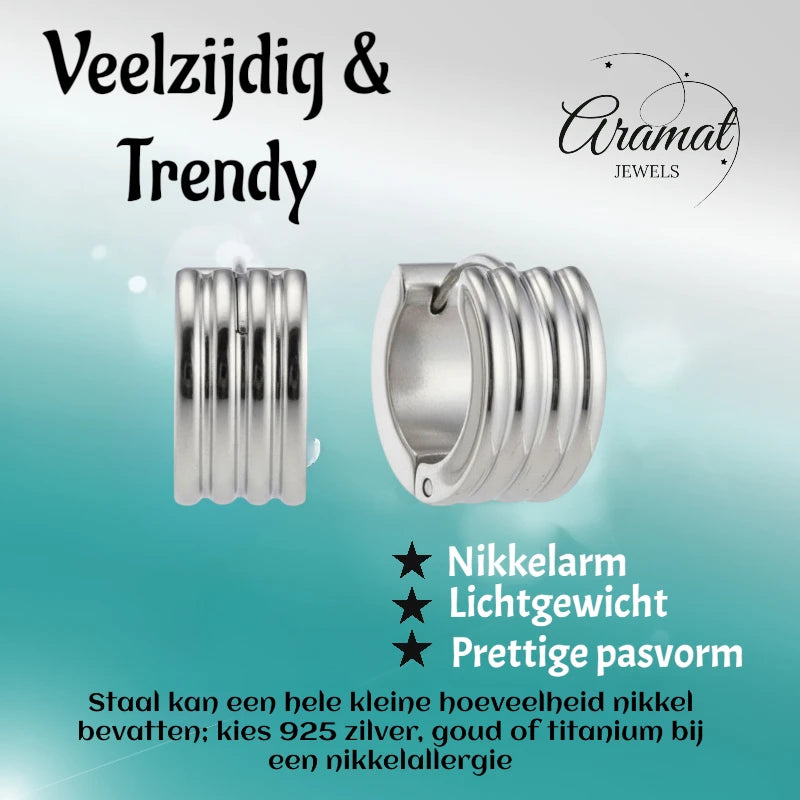 Oorringen – 13mm Mini Huggie Creolen Streep RVS Zilverkleur Unisex/Kind