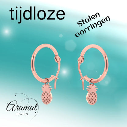 Oorringen – 16mm Creolen met Ananas Bedel RVS Rosékleur Dames