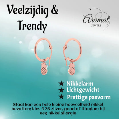 Oorringen – 16mm Creolen met Ananas Bedel RVS Rosékleur Dames