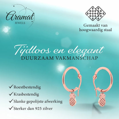 Oorringen – 16mm Creolen met Ananas Bedel RVS Rosékleur Dames