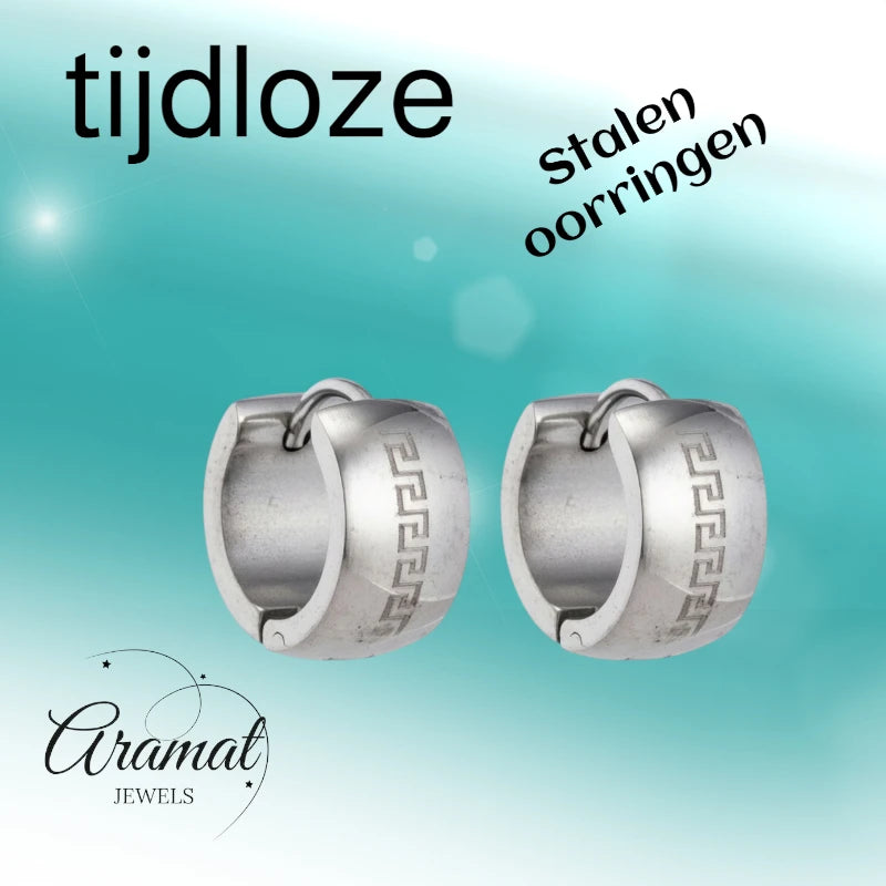 Oorringen – 20mm Creolen Grieks Motief Gelaserd RVS Zilverkleur Unisex