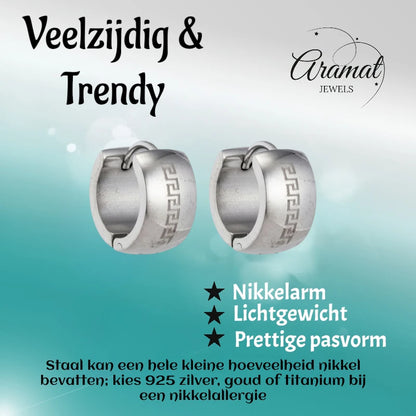 Oorringen – 20mm Creolen Grieks Motief Gelaserd RVS Zilverkleur Unisex