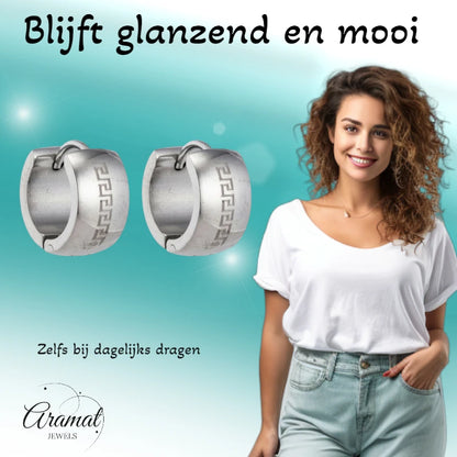 Oorringen – 20mm Creolen Grieks Motief Gelaserd RVS Zilverkleur Unisex
