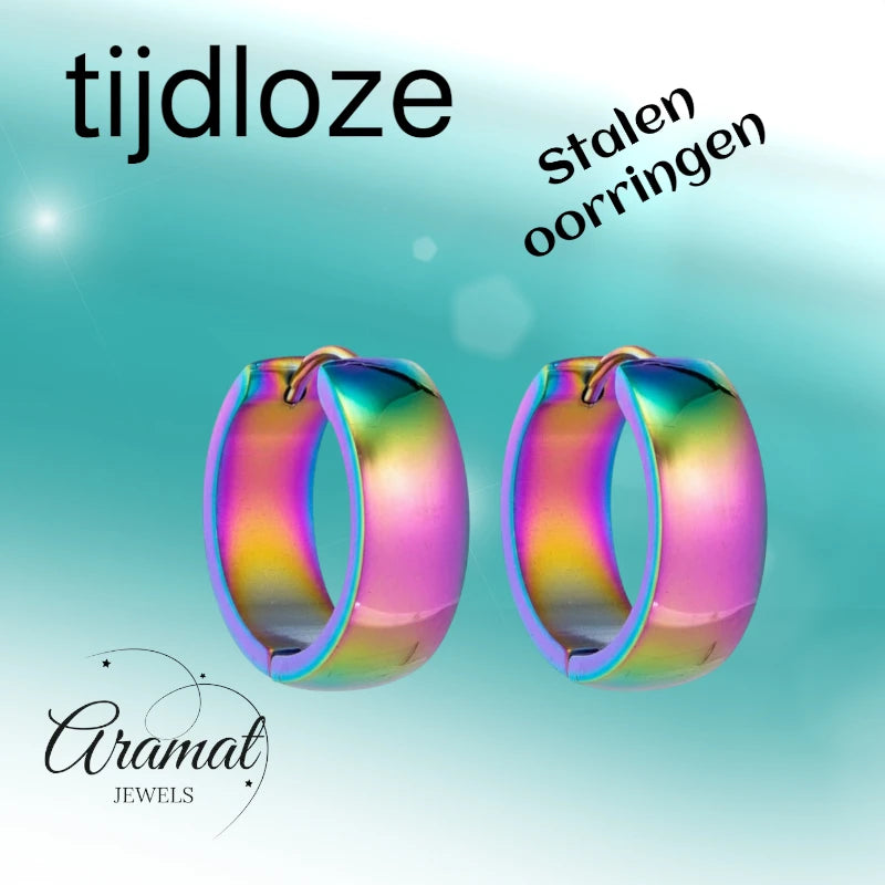 Oorringen – 20mm Huggie Glad RVS Regenboogkleur Unisex