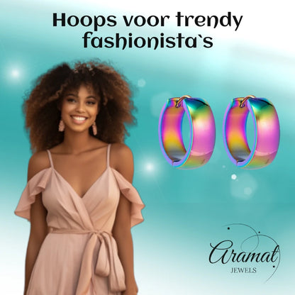 Oorringen – 20mm Huggie Glad RVS Regenboogkleur Unisex
