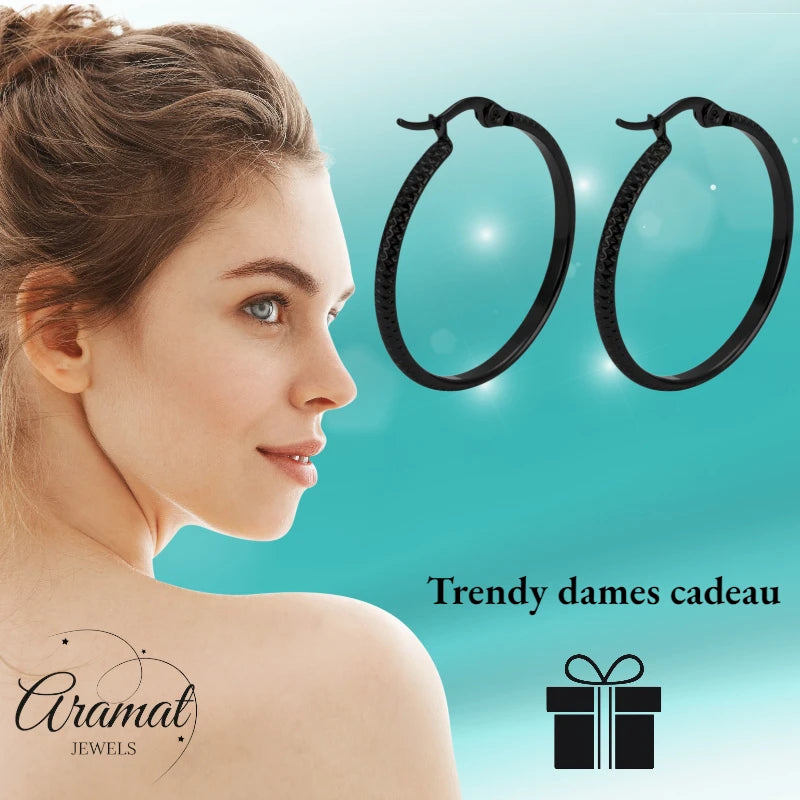 Oorringen – 25mm Creool Puntjes Patroon RVS Zwart Dames