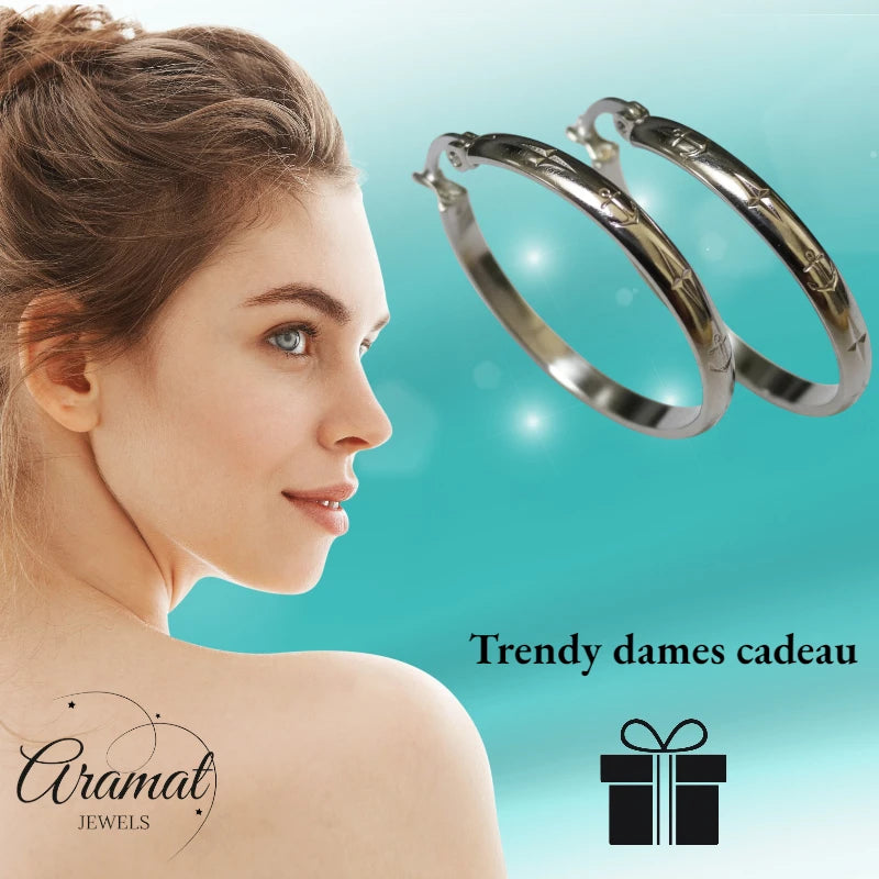 Oorringen – 30mm Creool Anker Motief RVS Zilverkleur Unisex