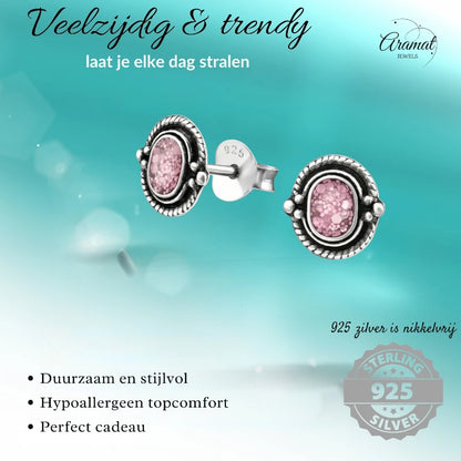 Oorstekers – 925 Zilver Bali Oorbellen Ovaal Roze Glitter 8x5mm Geoxideerd