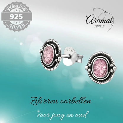 Oorstekers – 925 Zilver Bali Oorbellen Ovaal Roze Glitter 8x5mm Geoxideerd