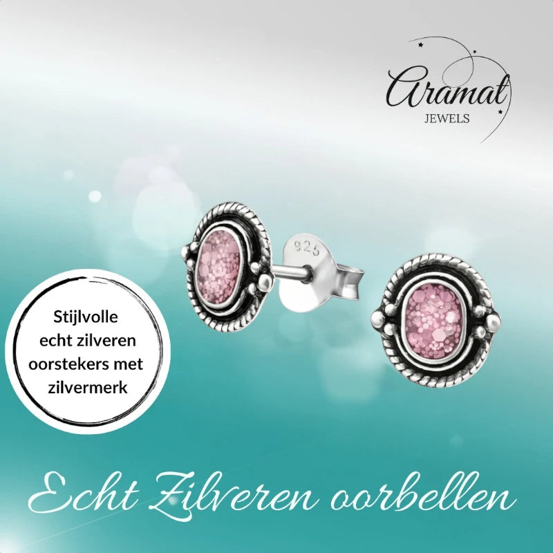 Oorstekers – 925 Zilver Bali Oorbellen Ovaal Roze Glitter 8x5mm Geoxideerd