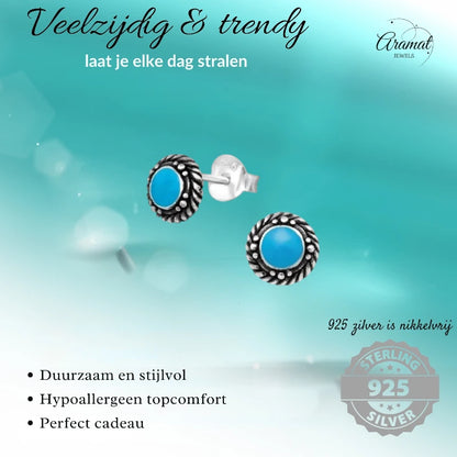 Oorstekers – Sterling Zilver Bali Etnisch Blauw Emaille 6mm Rond Geoxideerd