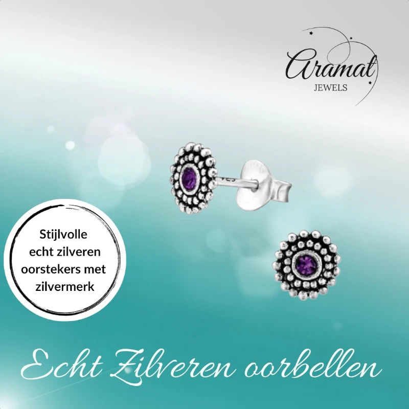 Oorstekers – Sterling Zilver Bali Etnisch Paars Kristal 6mm Dames