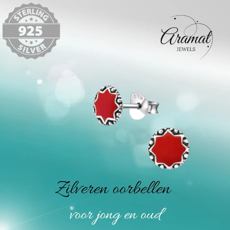 Oorstekers – Sterling Zilver Bali Etnisch Rood Emaille 6mm Rond Geoxideerd